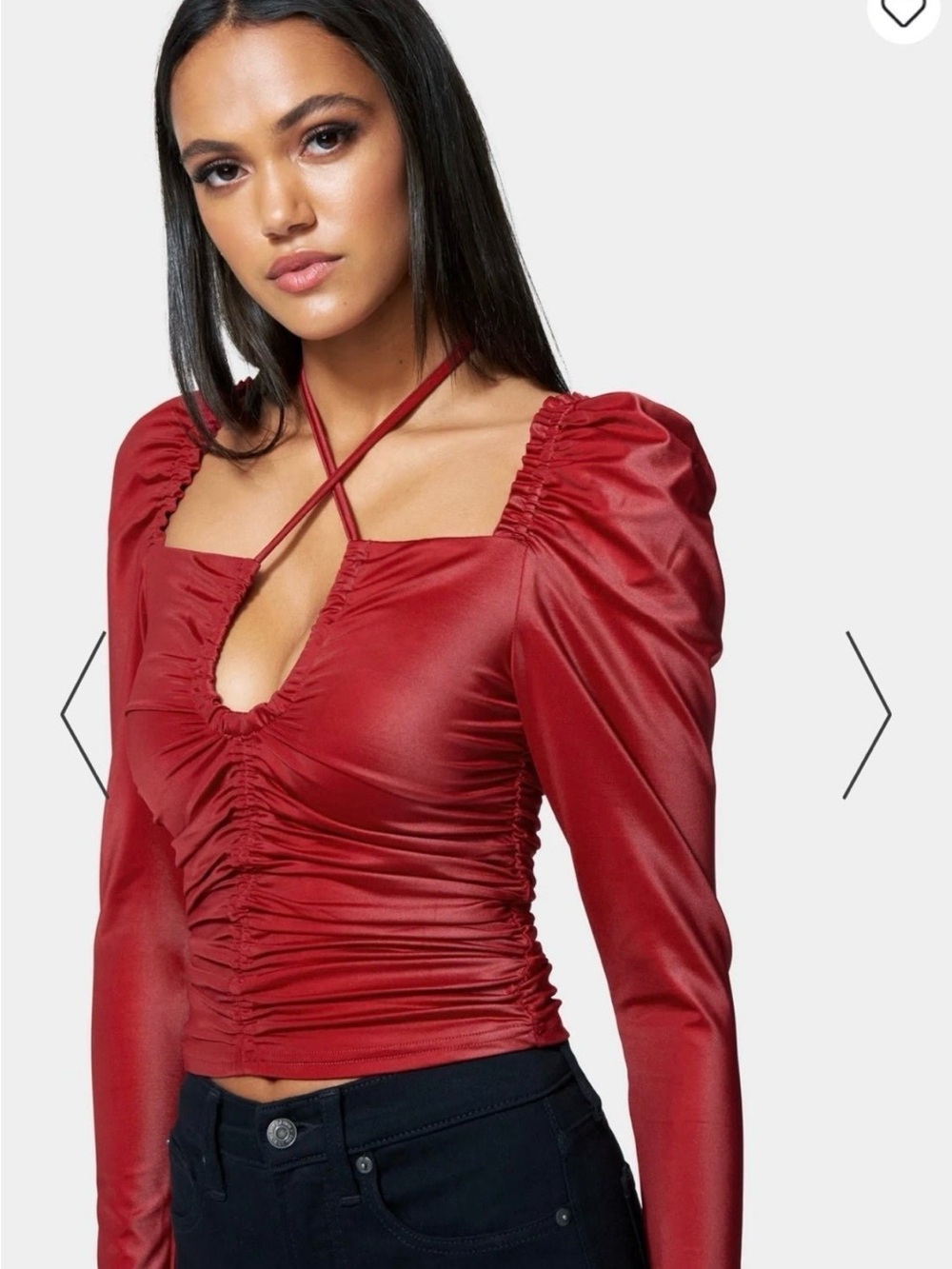 bebe Red Satin Ruched puff sleeve Long-Sleeve Top with Cross-Strap Neck